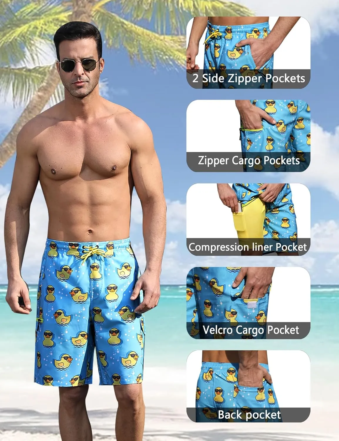 Mens Swim Trunks with Compression Liner 9 Inch Swim Shorts Bathing Suits Quick Dry Hiking Cargo Shorts with Zipper Pocket