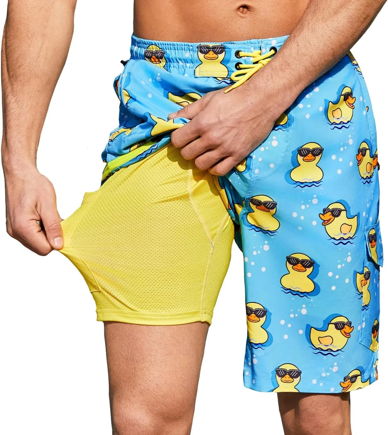 Mens Swim Trunks with Compression Liner 9 Inch Swim Shorts Bathing Suits Quick Dry Hiking Cargo Shorts with Zipper Pocket