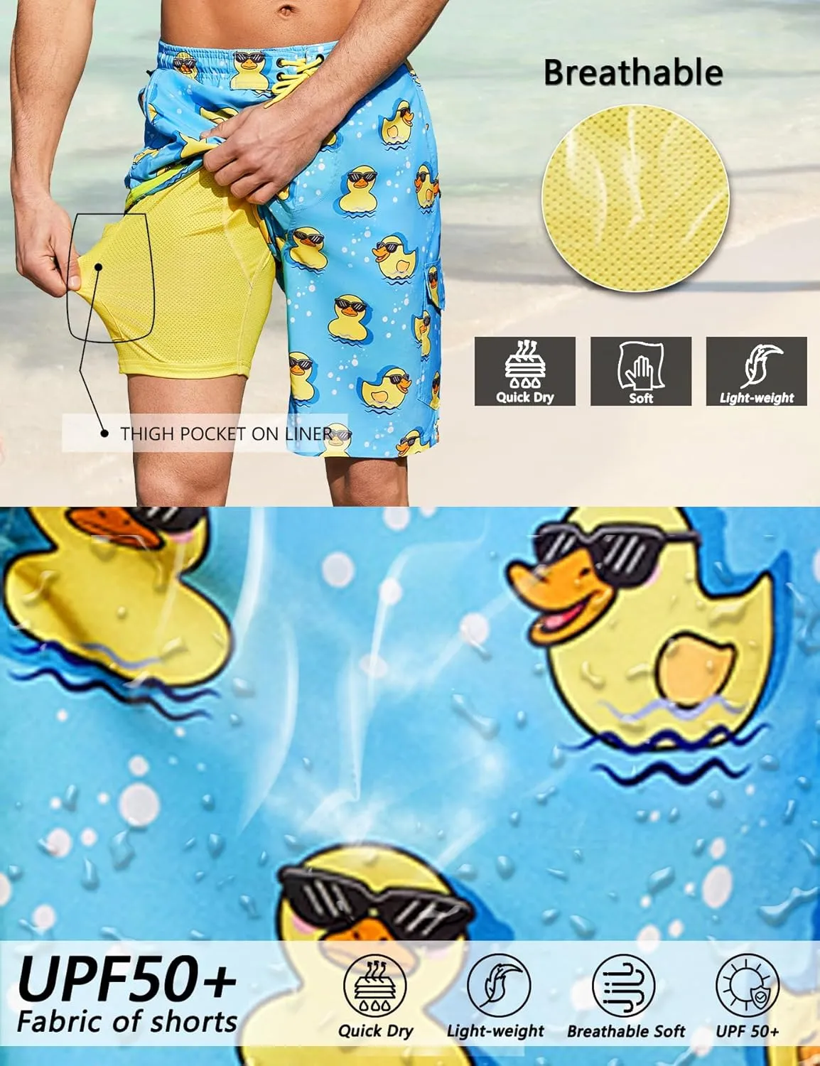 Mens Swim Trunks with Compression Liner 9 Inch Swim Shorts Bathing Suits Quick Dry Hiking Cargo Shorts with Zipper Pocket