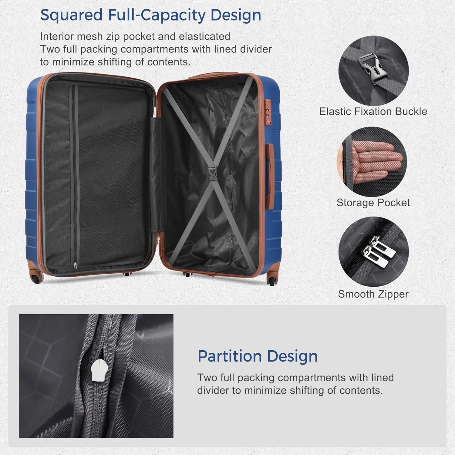 Merax Luggage Sets Expandable ABS Hardshell 3 Piece Suitcase with Spinner Wheels & TSA Lock, Lightweight Durable Travel Luggage 20''/24''/28'' for Airline Carry-On (Navy and Brown, 20'' 24'' 28'')