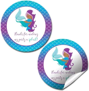 Mermaid Thank You Birthday Party Sticker Labels, 40 2" Party Circle Stickers by AmandaCreation, Great for Party Favors, Envelope Seals & Goodie Bags, Mermaid with Dark Complexion