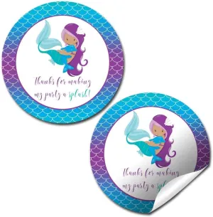 Mermaid Thank You Birthday Party Sticker Labels, 40 2" Party Circle Stickers by AmandaCreation, Great for Party Favors, Envelope Seals & Goodie Bags, Mermaid with Medium Complexion