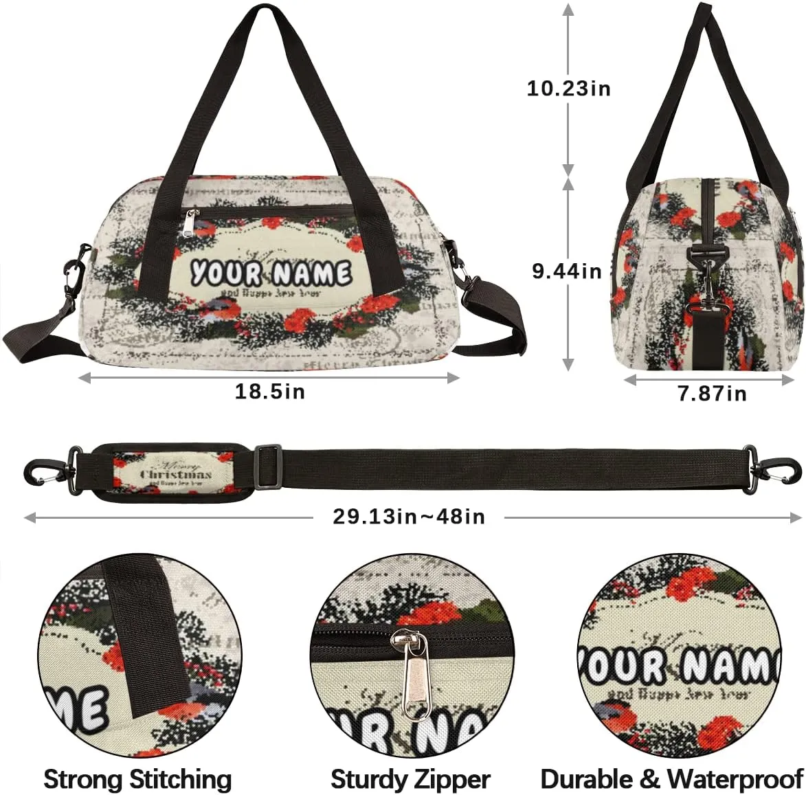 Merry Christmas Personalized Kids Duffel Bag for Girls Boys, Christmas Debris Custom Name Dance Bag Overnight Small Duffel Bag Carry On Weekend Sports Travel Bag for School Practice Gymnastics Ballet