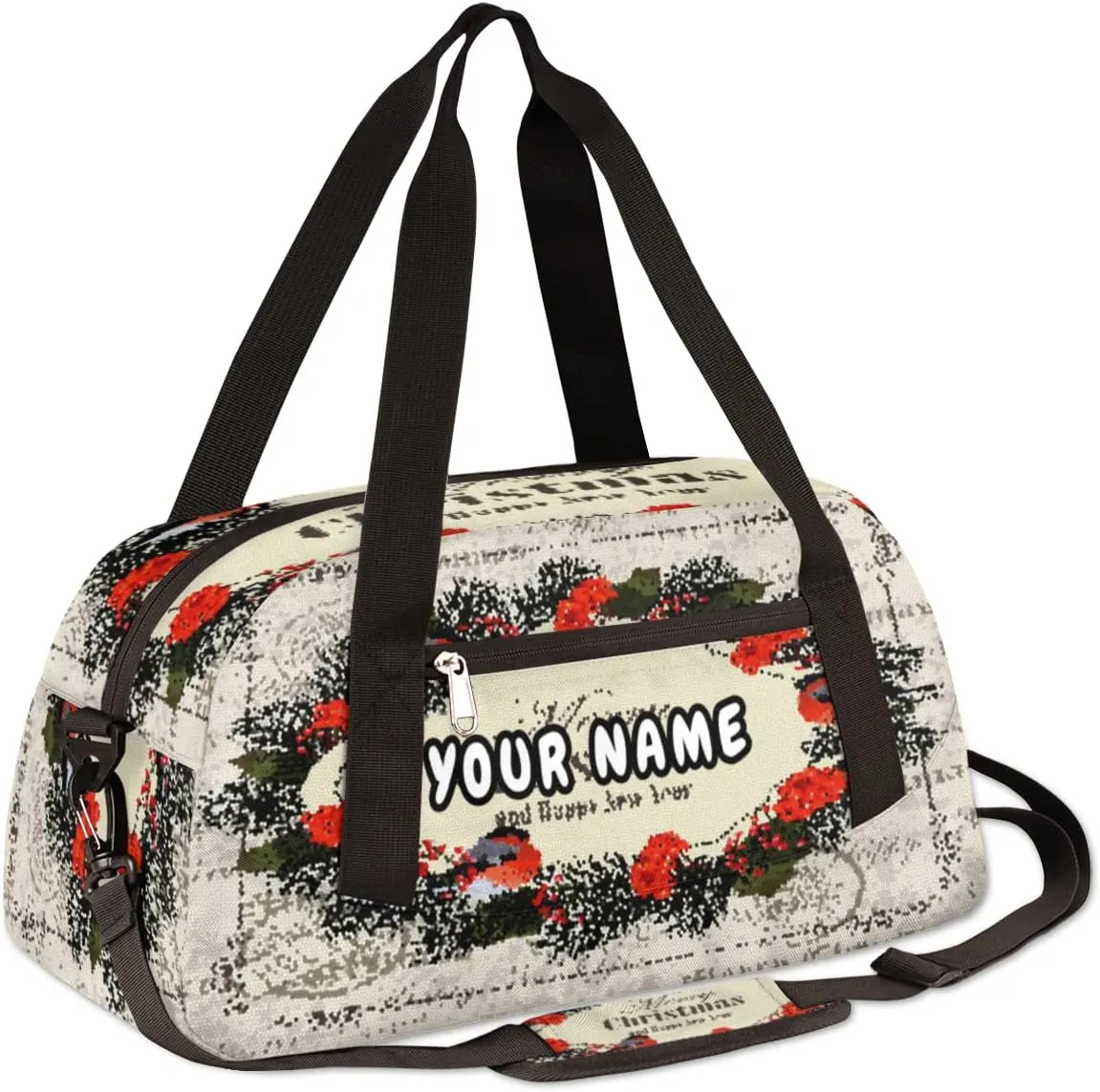 Merry Christmas Personalized Kids Duffel Bag for Girls Boys, Christmas Debris Custom Name Dance Bag Overnight Small Duffel Bag Carry On Weekend Sports Travel Bag for School Practice Gymnastics Ballet