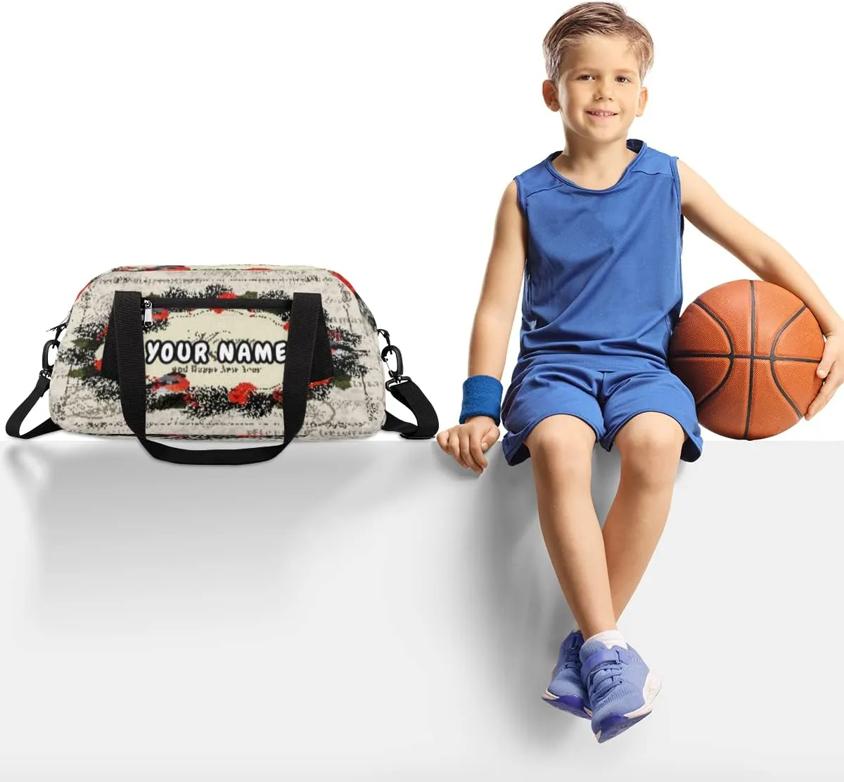 Merry Christmas Personalized Kids Duffel Bag for Girls Boys, Christmas Debris Custom Name Dance Bag Overnight Small Duffel Bag Carry On Weekend Sports Travel Bag for School Practice Gymnastics Ballet