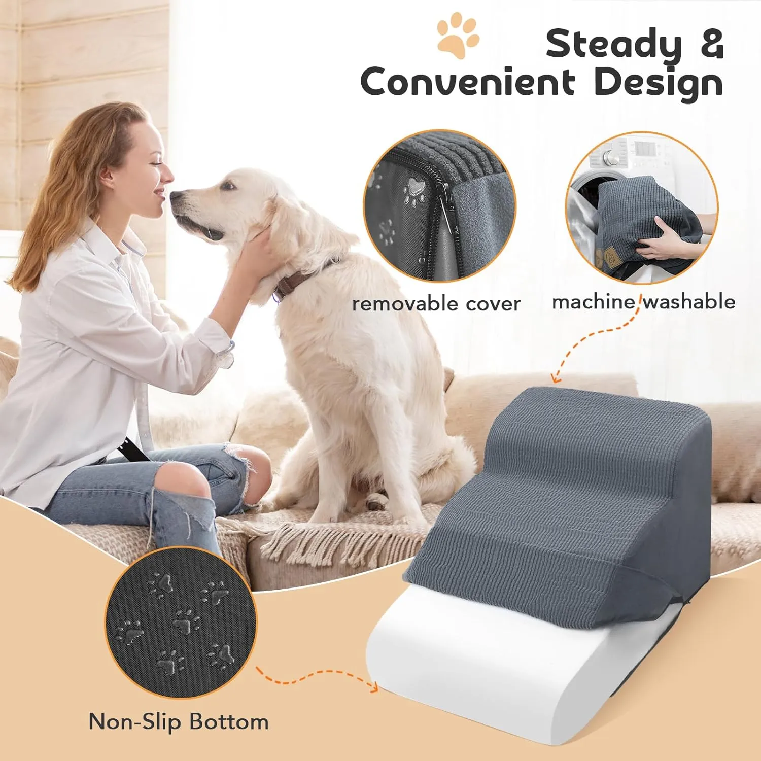 Mestuel Dog Stairs for Small Dogs, Pet Stairs for Couch Bed Sofa, Dog Steps Ramp Indoor with High Density Foam &Nonslip Bottom, Pet Stairs Hold up to 60 lbs, Gray