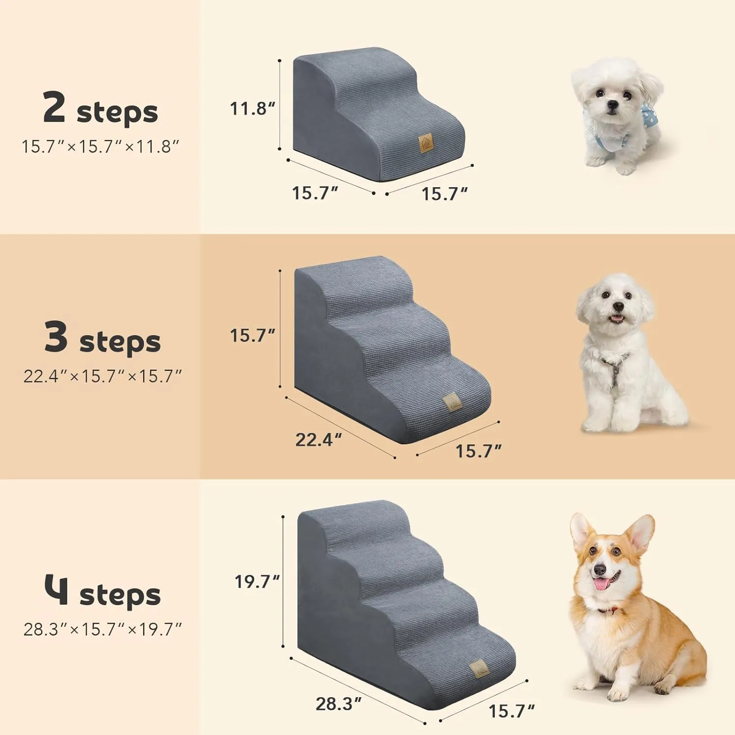 Mestuel Dog Stairs for Small Dogs, Pet Stairs for Couch Bed Sofa, Dog Steps Ramp Indoor with High Density Foam &Nonslip Bottom, Pet Stairs Hold up to 60 lbs, Gray