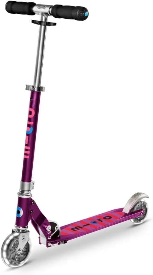 Micro Kickboard- Sprite LED - 2 Wheeled Kick Scooter Ages 6 , fold-to-Carry, Lightweight, Portable Scooter with Motion-Activated Light-up Wheels (Purple Stripe)