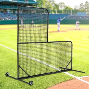 Millies L-Shaped Baseball Pitching Screen with Wheels – Heavy-Duty 84"x84" Protective Net for Batting Cages & Backyard Practice – Portable, Quick Setup, Includes Carry Bag – Black
