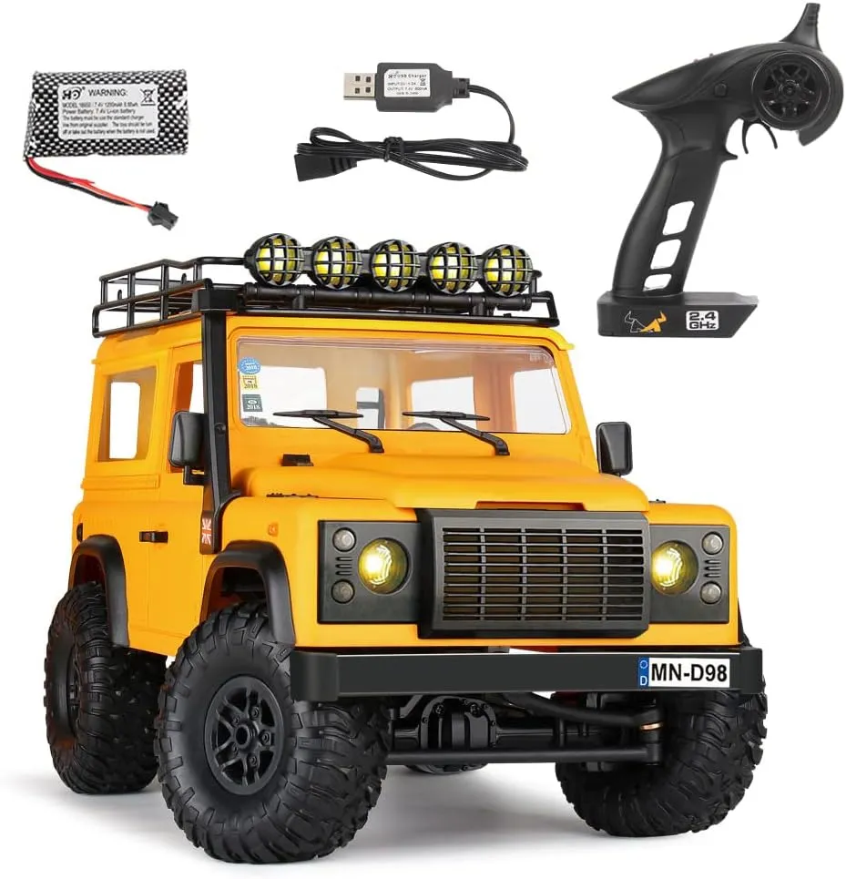 MN98 RTR Model 1/12 2.4G 4WD Climbing Rock Crawler Off-Road RC Truck Car Upgrade Parts Land Rover Defender Vehicles Indoor Toys Models for Kids and Adults - Yellow