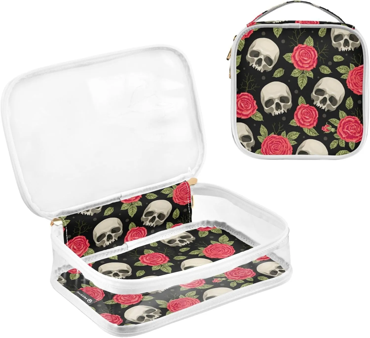 MNSRUU Clear Makeup Bags Skull and Roses Toiletry Bag for Women 2 PCS Waterproof Clear Bags Clear Travel Toiletry Bag Small Cosmetic Makeup Bag, Carry on Airport Airline Compliant Bag