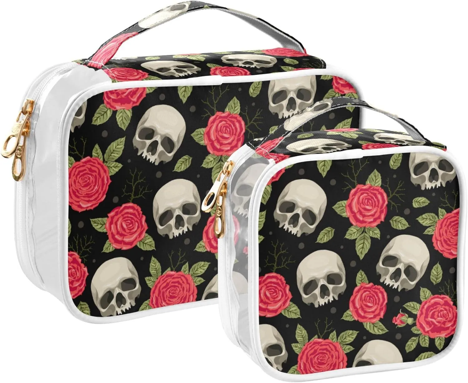 MNSRUU Clear Makeup Bags Skull and Roses Toiletry Bag for Women 2 PCS Waterproof Clear Bags Clear Travel Toiletry Bag Small Cosmetic Makeup Bag, Carry on Airport Airline Compliant Bag