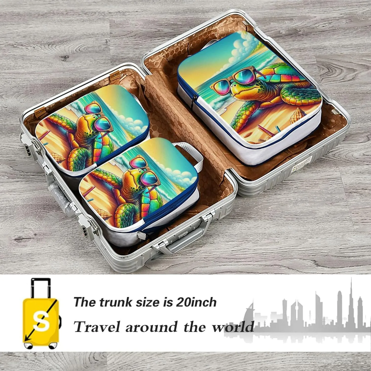 MNSRUU Compression Packing Cubes for Suitcases 3 Set, Turtle Wearing Sunglasses Travel Luggage Organiser Portable Toiletry Storage Bags for Clothes Shoes Home Storage