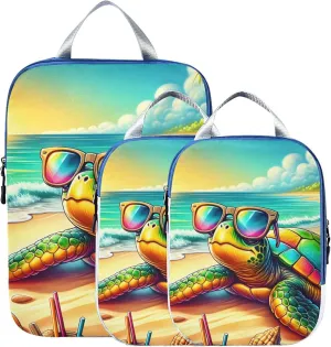 MNSRUU Compression Packing Cubes for Suitcases 3 Set, Turtle Wearing Sunglasses Travel Luggage Organiser Portable Toiletry Storage Bags for Clothes Shoes Home Storage