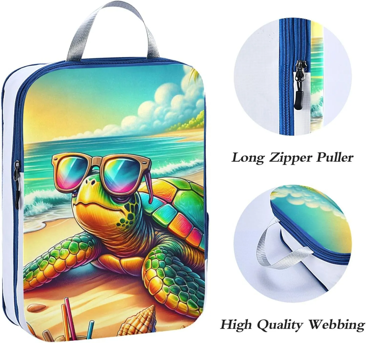 MNSRUU Compression Packing Cubes for Suitcases 3 Set, Turtle Wearing Sunglasses Travel Luggage Organiser Portable Toiletry Storage Bags for Clothes Shoes Home Storage