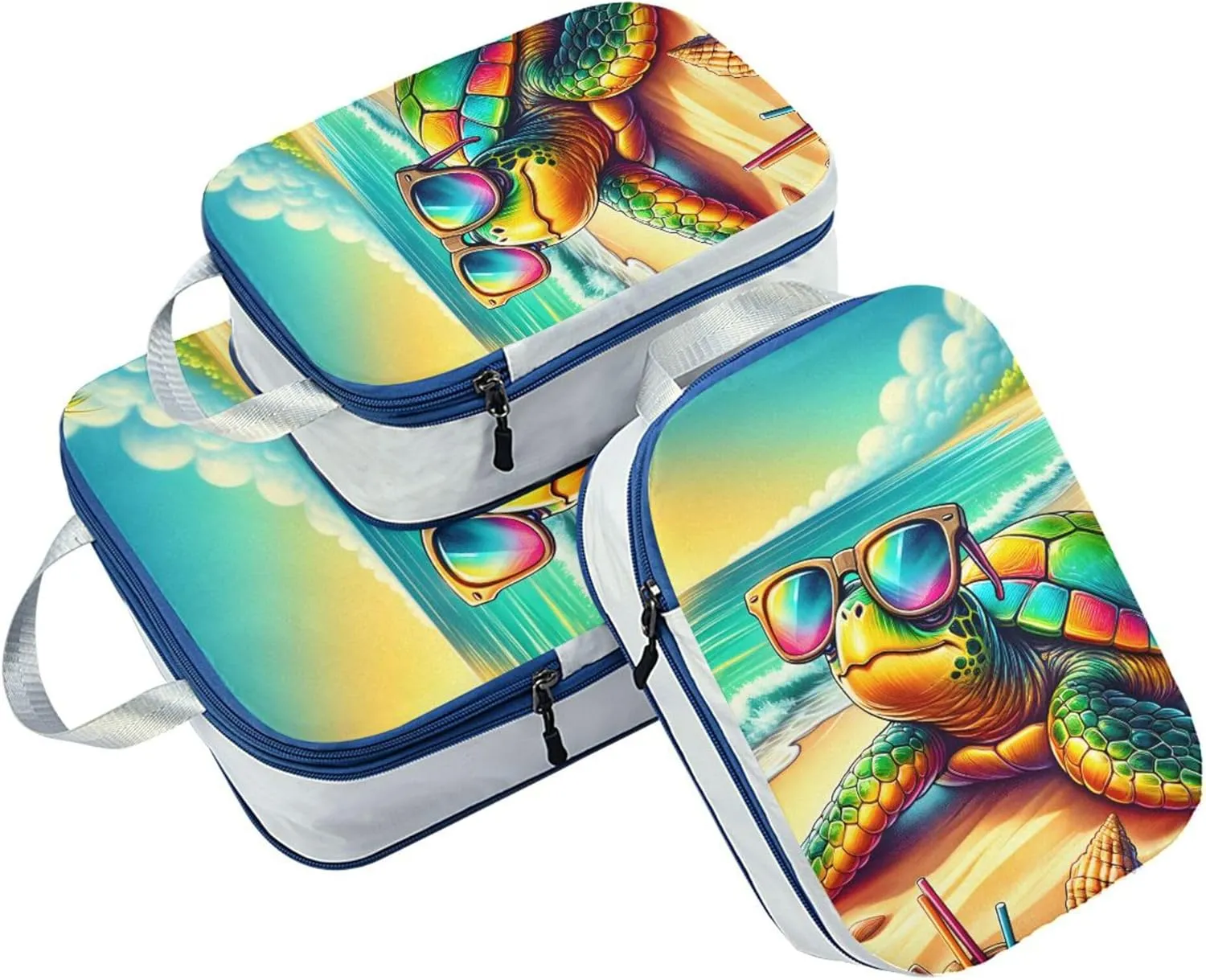 MNSRUU Compression Packing Cubes for Suitcases 3 Set, Turtle Wearing Sunglasses Travel Luggage Organiser Portable Toiletry Storage Bags for Clothes Shoes Home Storage