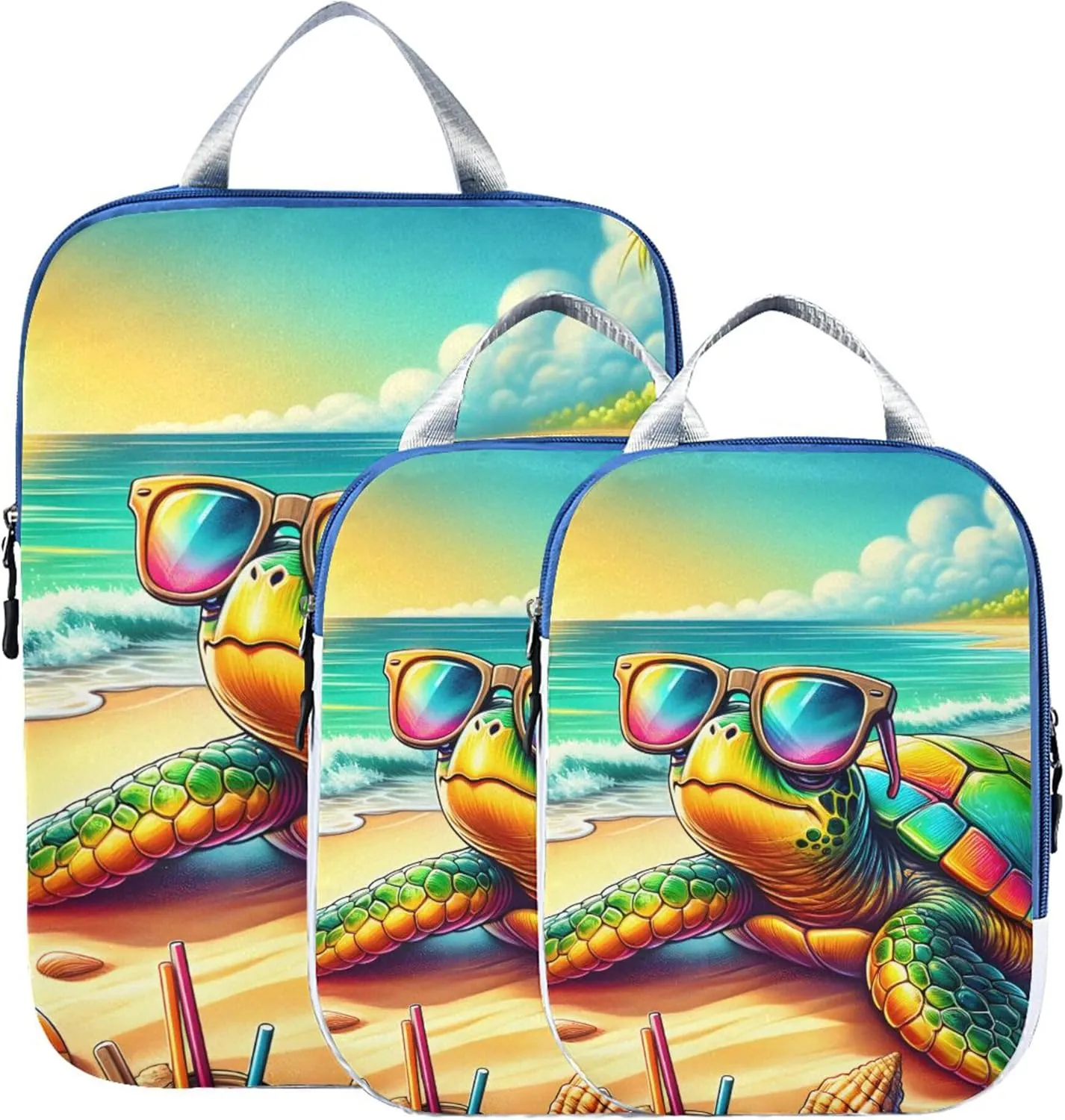MNSRUU Compression Packing Cubes for Suitcases 3 Set, Turtle Wearing Sunglasses Travel Luggage Organiser Portable Toiletry Storage Bags for Clothes Shoes Home Storage