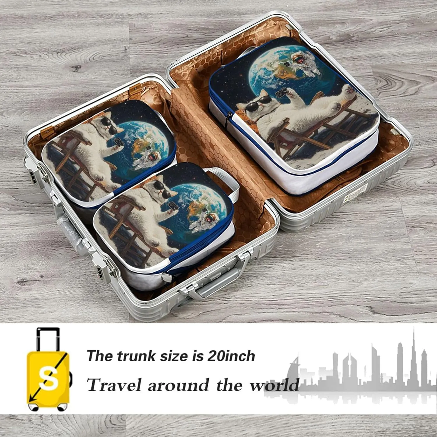 MNSRUU Compression Packing Cubes for Suitcases 3 Set, White Cat Astronaut Travel Luggage Organiser Portable Toiletry Storage Bags for Clothes Shoes Home Storage