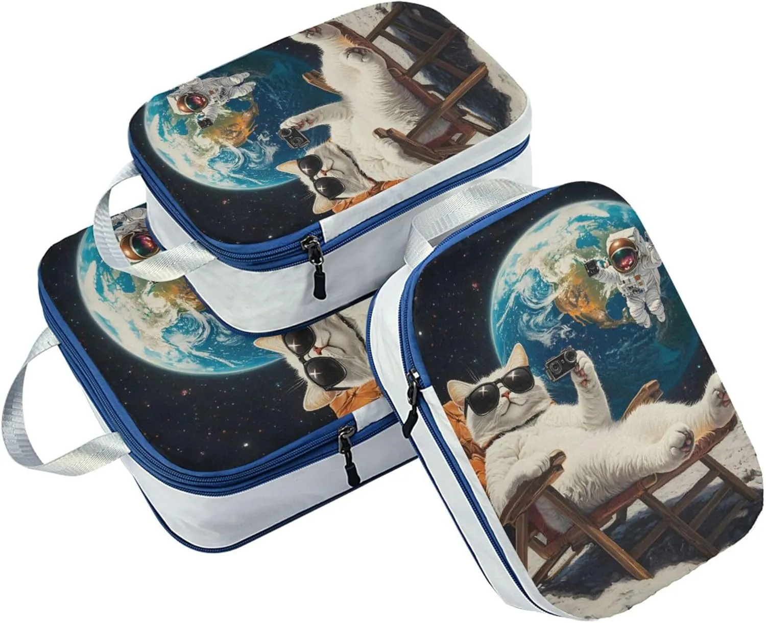 MNSRUU Compression Packing Cubes for Suitcases 3 Set, White Cat Astronaut Travel Luggage Organiser Portable Toiletry Storage Bags for Clothes Shoes Home Storage