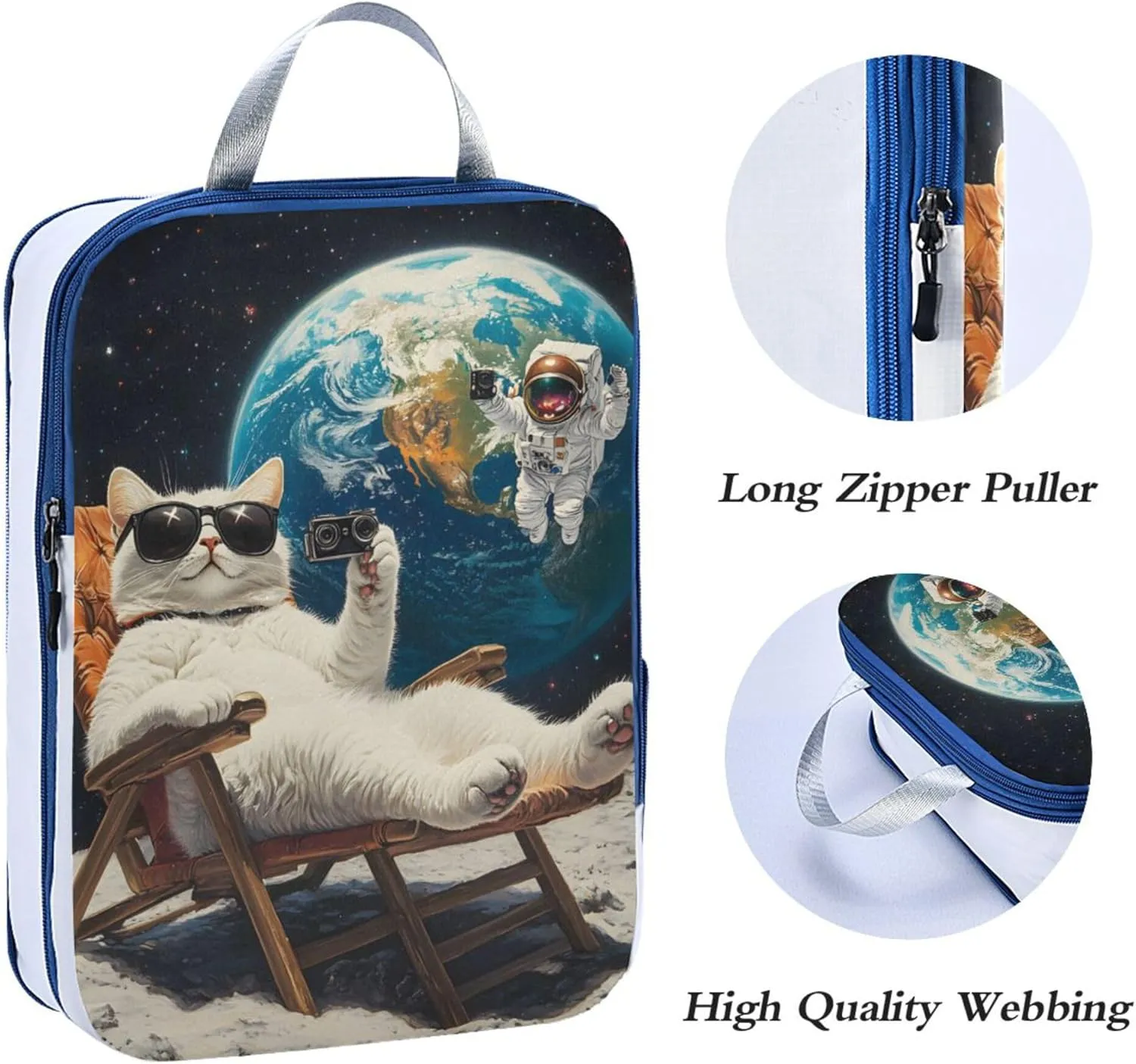 MNSRUU Compression Packing Cubes for Suitcases 3 Set, White Cat Astronaut Travel Luggage Organiser Portable Toiletry Storage Bags for Clothes Shoes Home Storage