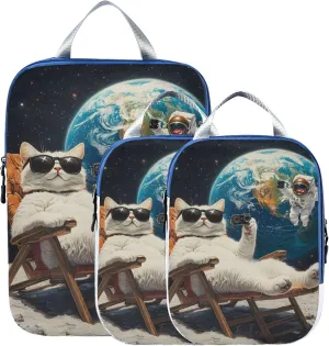 MNSRUU Compression Packing Cubes for Suitcases 3 Set, White Cat Astronaut Travel Luggage Organiser Portable Toiletry Storage Bags for Clothes Shoes Home Storage