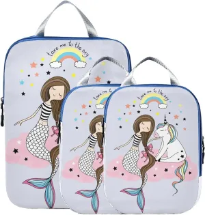 MNSRUU Packing Cubes Cute Unicorn Mermaid Girl Compression Luggage Cubes Packing Bags Travel Organizer for Suitcases, 3 PCS