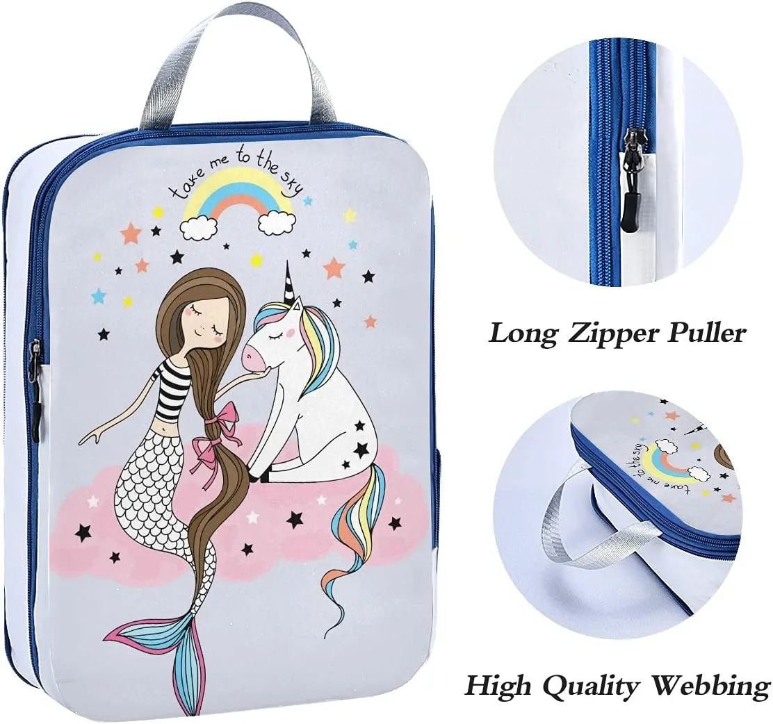 MNSRUU Packing Cubes Cute Unicorn Mermaid Girl Compression Luggage Cubes Packing Bags Travel Organizer for Suitcases, 3 PCS