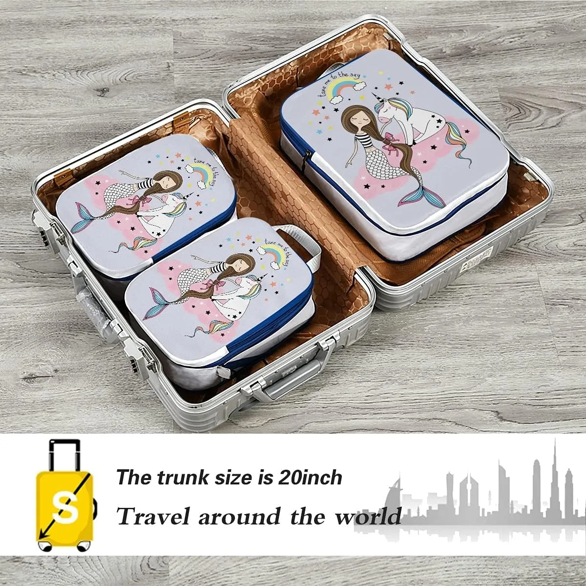 MNSRUU Packing Cubes Cute Unicorn Mermaid Girl Compression Luggage Cubes Packing Bags Travel Organizer for Suitcases, 3 PCS