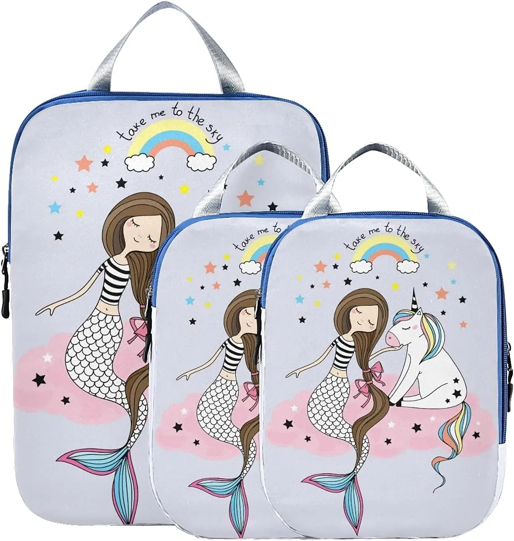 MNSRUU Packing Cubes Cute Unicorn Mermaid Girl Compression Luggage Cubes Packing Bags Travel Organizer for Suitcases, 3 PCS