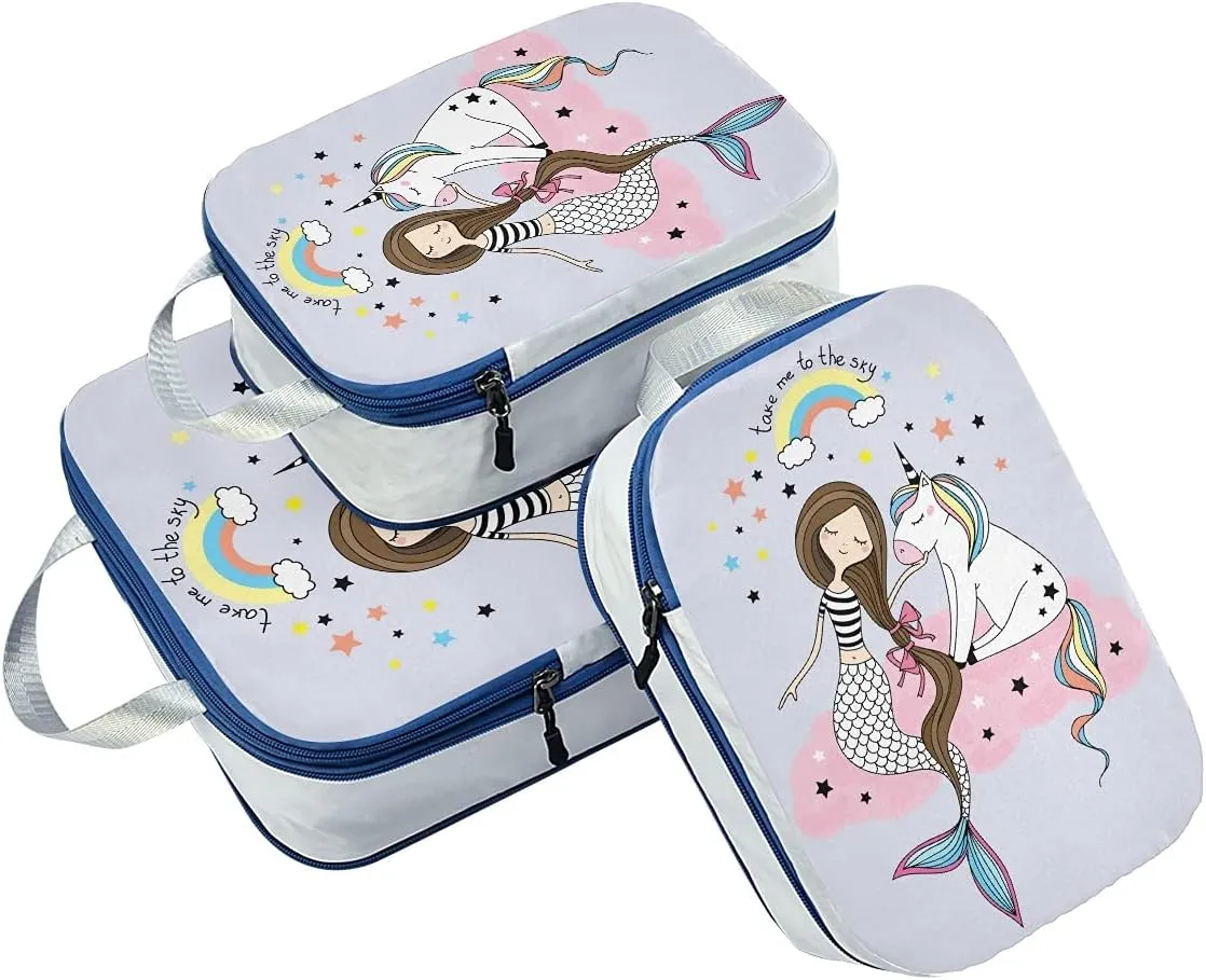 MNSRUU Packing Cubes Cute Unicorn Mermaid Girl Compression Luggage Cubes Packing Bags Travel Organizer for Suitcases, 3 PCS