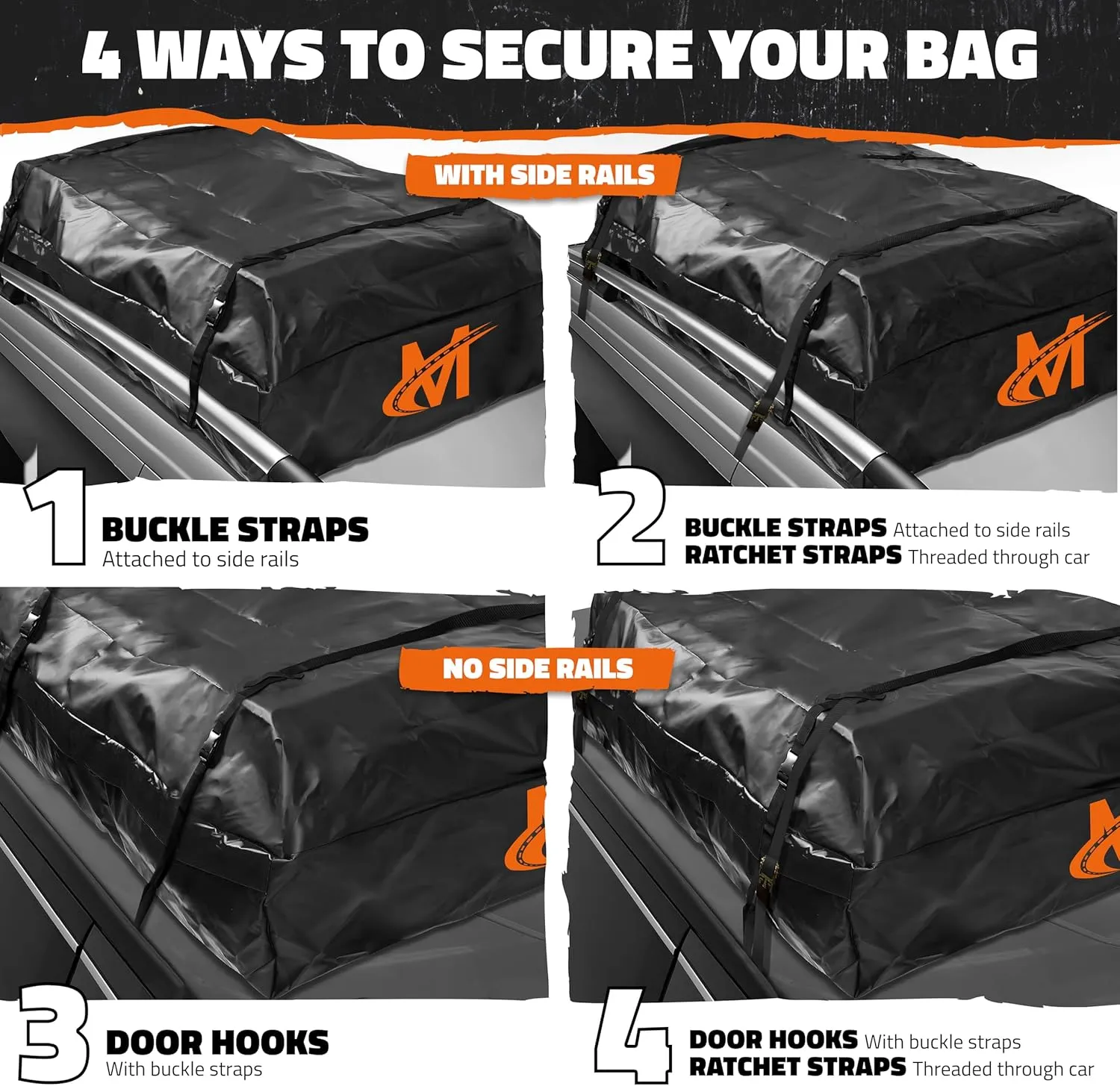 Mockins 25 CuFt Waterproof Rooftop Cargo Bag |60"x43"x17" All-Weather Vinyl Car Roof Bag w/Mat, Straps & Door Hooks| Top Carrier for Vehicles with or Without Roof Rack