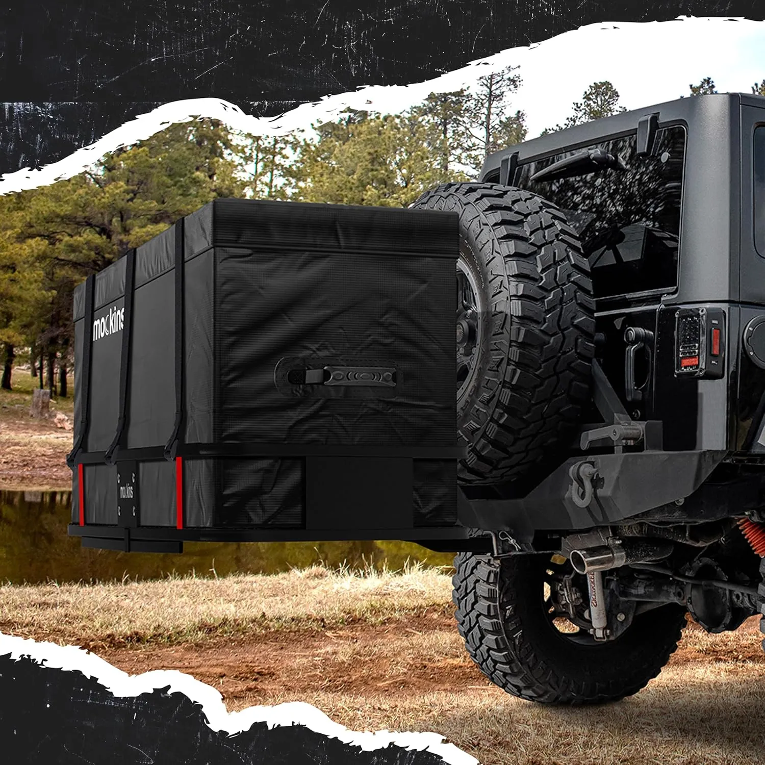 Mockins 25 Cu.Ft. Weatherproof Trailer Hitch Cargo Carrier Bag | 60"x24"x31" Waterproof Cargo Bag for Hitch Carrier & Truck Bed Storage | Vinyl Vehicle Soft-Shell Carriers w/Straps, Lock & Carry Bag