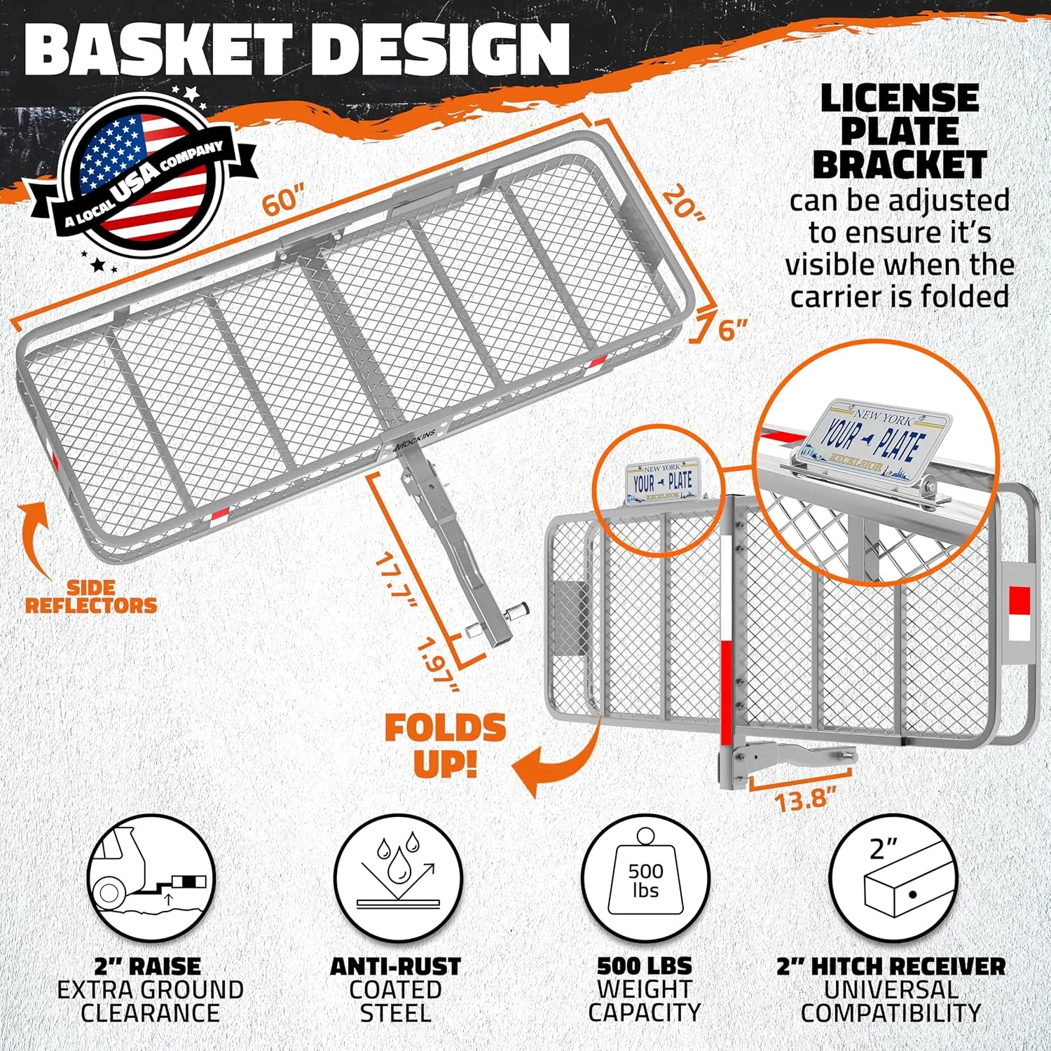 Mockins 60"x20"x6" Heavy Duty Trailer Hitch Cargo Carrier & 16 Cubic Feet Tow Hitch Cargo Carrier Bag | 500 Lbs. Capacity Folding Luggage Rack for SUV, Car, Truck & RV w/Waterpoof Bag   Accessories