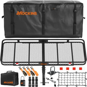 Mockins 60"x24"x6" Weatherproof Trailer Hitch Cargo Carrier & 25 Cu.Ft. Waterproof Cargo Bag | 500 Lbs. Capacity Folding Luggage Rack for Car Hitch w/All-Weather Truck Bed Storage Bag & Accessories