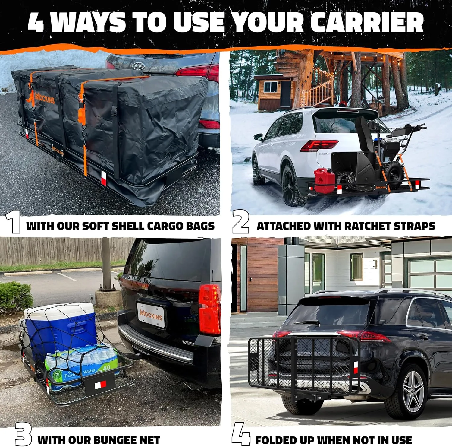 Mockins 60"x24"x6" Weatherproof Trailer Hitch Cargo Carrier & 25 Cu.Ft. Waterproof Cargo Bag | 500 Lbs. Capacity Folding Luggage Rack for Car Hitch w/All-Weather Truck Bed Storage Bag & Accessories