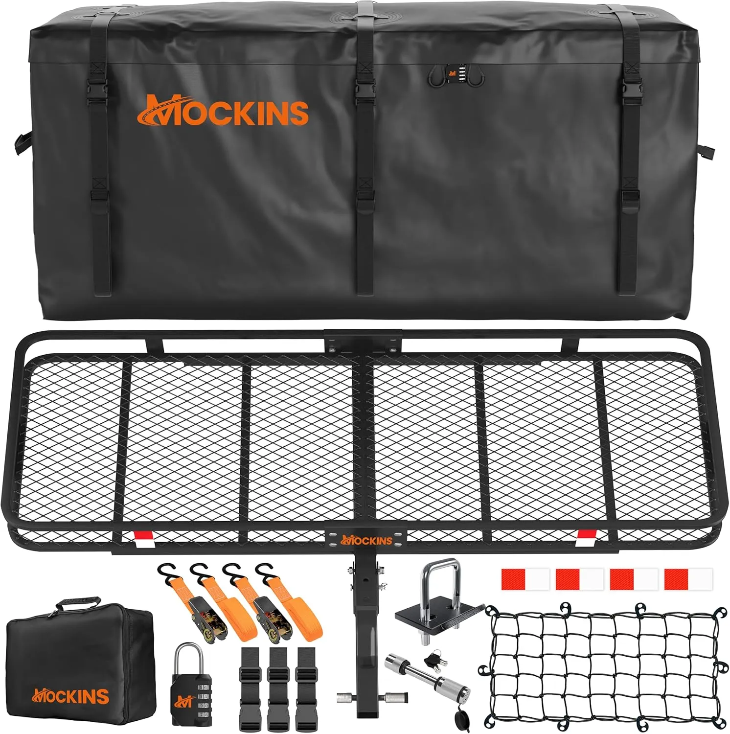 Mockins 60"x24"x6" Weatherproof Trailer Hitch Cargo Carrier & 25 Cu.Ft. Waterproof Cargo Bag | 500 Lbs. Capacity Folding Luggage Rack for Car Hitch w/All-Weather Truck Bed Storage Bag & Accessories