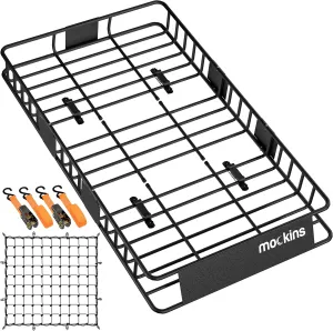 Mockins 64"x39"x6" Extendable Rooftop Cargo Carrier Basket with 250 lbs. Capacity | Great for Cross Country Travel, Camping, Sporting Equipment, Moving & More | Set Includes Cargo Net & Straps