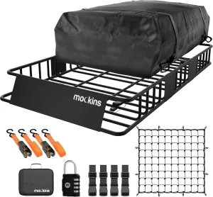 Mockins 64"x39"x6" Heavy Duty Roof Rack Basket w/ 16 Cu.Ft. Car Rooftop Cargo Carrier Bag | Weatherproof, Extendable 250Lbs. Roof Basket Cargo Carrier for Top of Vehicle Set & Roof Bag w/Accessories