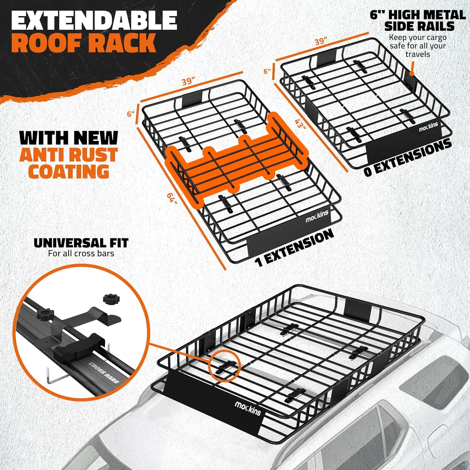 Mockins 64"x39"x6" Heavy Duty Roof Rack Basket w/ 16 Cu.Ft. Car Rooftop Cargo Carrier Bag | Weatherproof, Extendable 250Lbs. Roof Basket Cargo Carrier for Top of Vehicle Set & Roof Bag w/Accessories