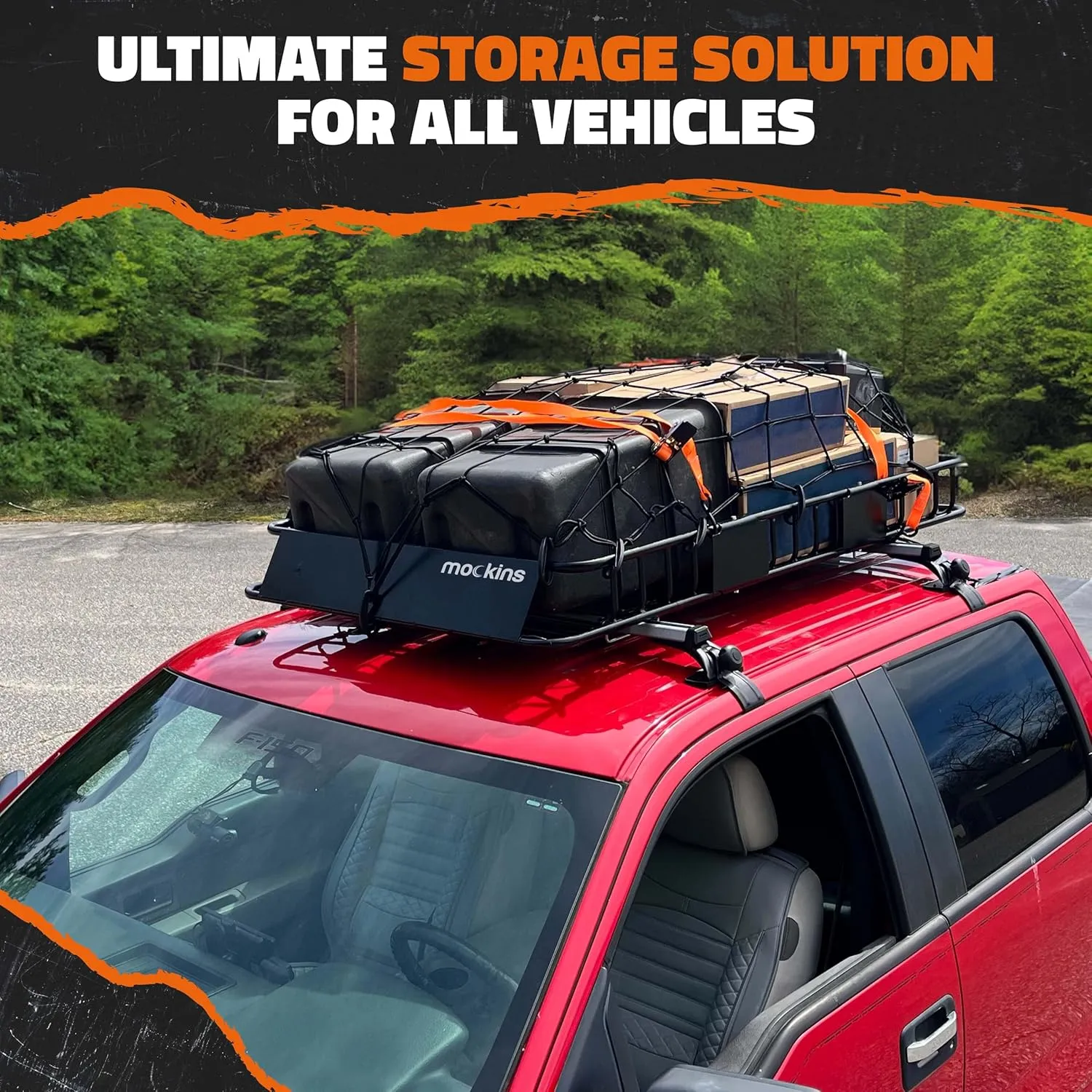 Mockins 64"x39"x6" Heavy Duty Roof Rack Basket w/ 16 Cu.Ft. Car Rooftop Cargo Carrier Bag | Weatherproof, Extendable 250Lbs. Roof Basket Cargo Carrier for Top of Vehicle Set & Roof Bag w/Accessories