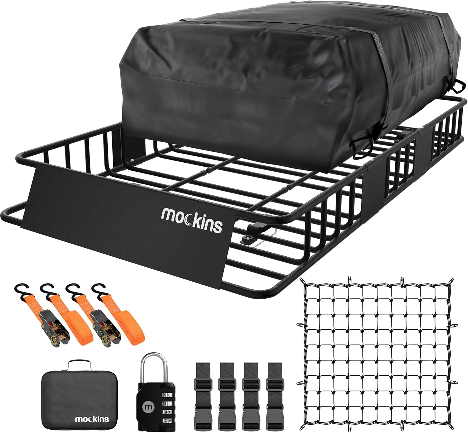 Mockins 64"x39"x6" Heavy Duty Roof Rack Basket w/ 16 Cu.Ft. Car Rooftop Cargo Carrier Bag | Weatherproof, Extendable 250Lbs. Roof Basket Cargo Carrier for Top of Vehicle Set & Roof Bag w/Accessories