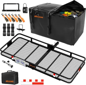 Mockins XXL 70"x30"x6" Folding Trailer Hitch Cargo Carrier Set w/License Plate Bracket | 500 Lbs Cap Steel Luggage Rack for SUV, Car & Truck w/40 Cu Ft Waterproof Truck Bed Storage Soft-Shell Car Bag