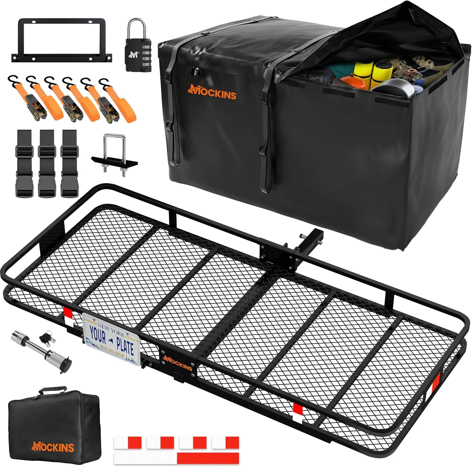 Mockins XXL 70"x30"x6" Folding Trailer Hitch Cargo Carrier Set w/License Plate Bracket | 500 Lbs Cap Steel Luggage Rack for SUV, Car & Truck w/40 Cu Ft Waterproof Truck Bed Storage Soft-Shell Car Bag