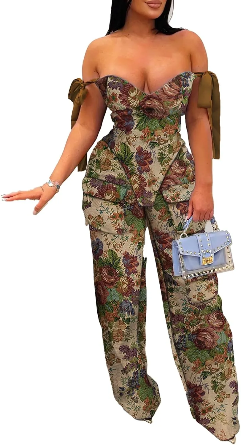 Molilove Sexy 2 Piece Sets for Women Pastel Print Sleeveless Croset Top and Wide Leg Pants with Multi-Pocketed Summer Outfits
