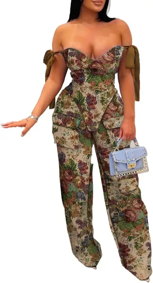 Molilove Sexy 2 Piece Sets for Women Pastel Print Sleeveless Croset Top and Wide Leg Pants with Multi-Pocketed Summer Outfits