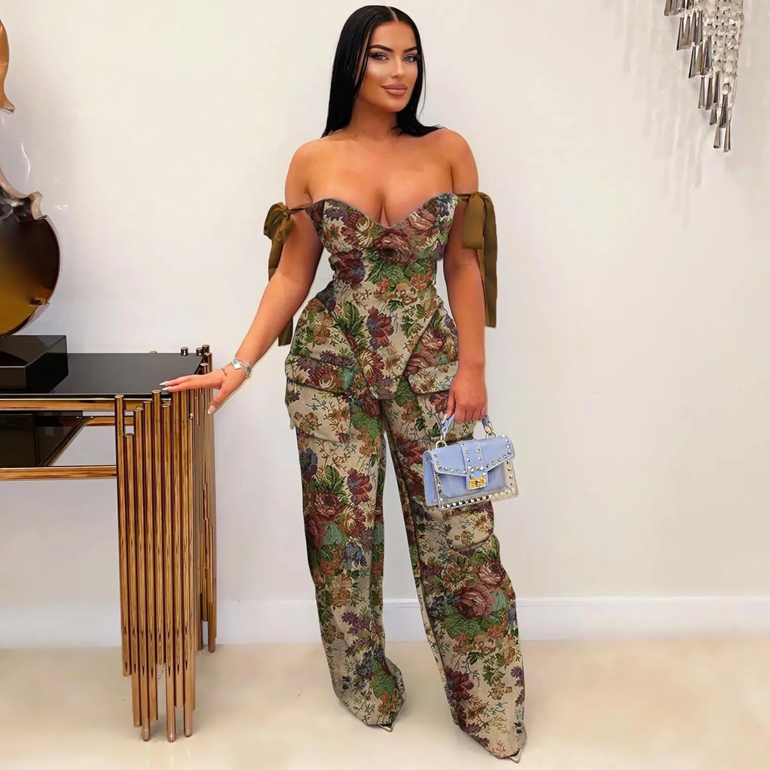 Molilove Sexy 2 Piece Sets for Women Pastel Print Sleeveless Croset Top and Wide Leg Pants with Multi-Pocketed Summer Outfits