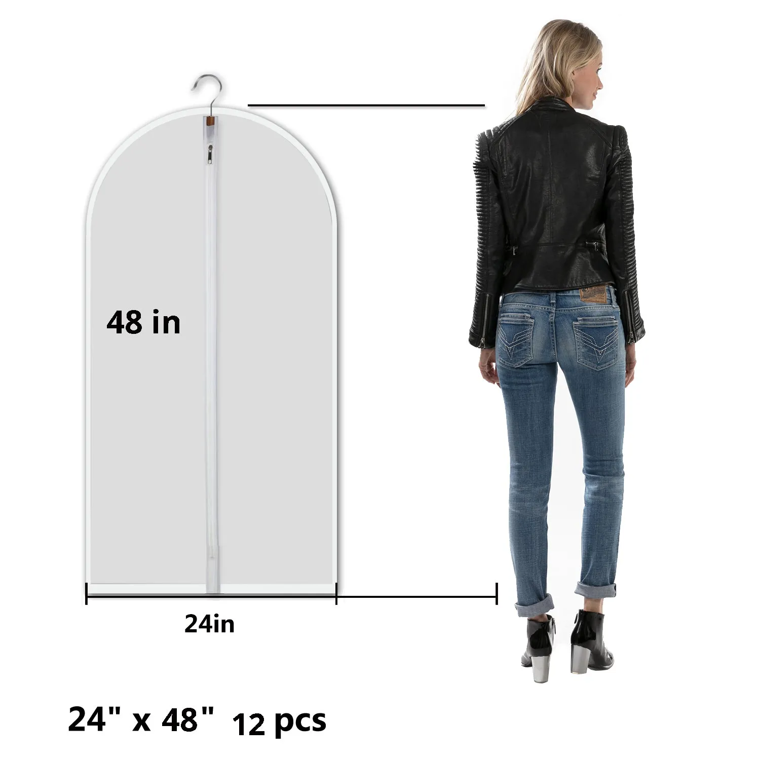 MsKitchen Clear Garment Bags Hanging Clothes Bags (Set of 12) for Closet Storage Plastic Bag with Zipper for Suit, Sweaters Travel Laundry Wardrobe Closet Garment Dust Cover Bags - 24'' x 48''/12 Pack