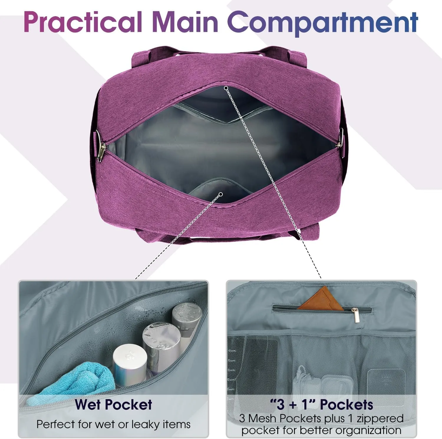 Narwey 18" Carry on Bag Underseat for Airplane with Wet Pocket Spirit Airlines Personal Item Bag Travel Duffel Bag Small Gym Bag Weekender Overnight for Women and Men (Dark Purple)
