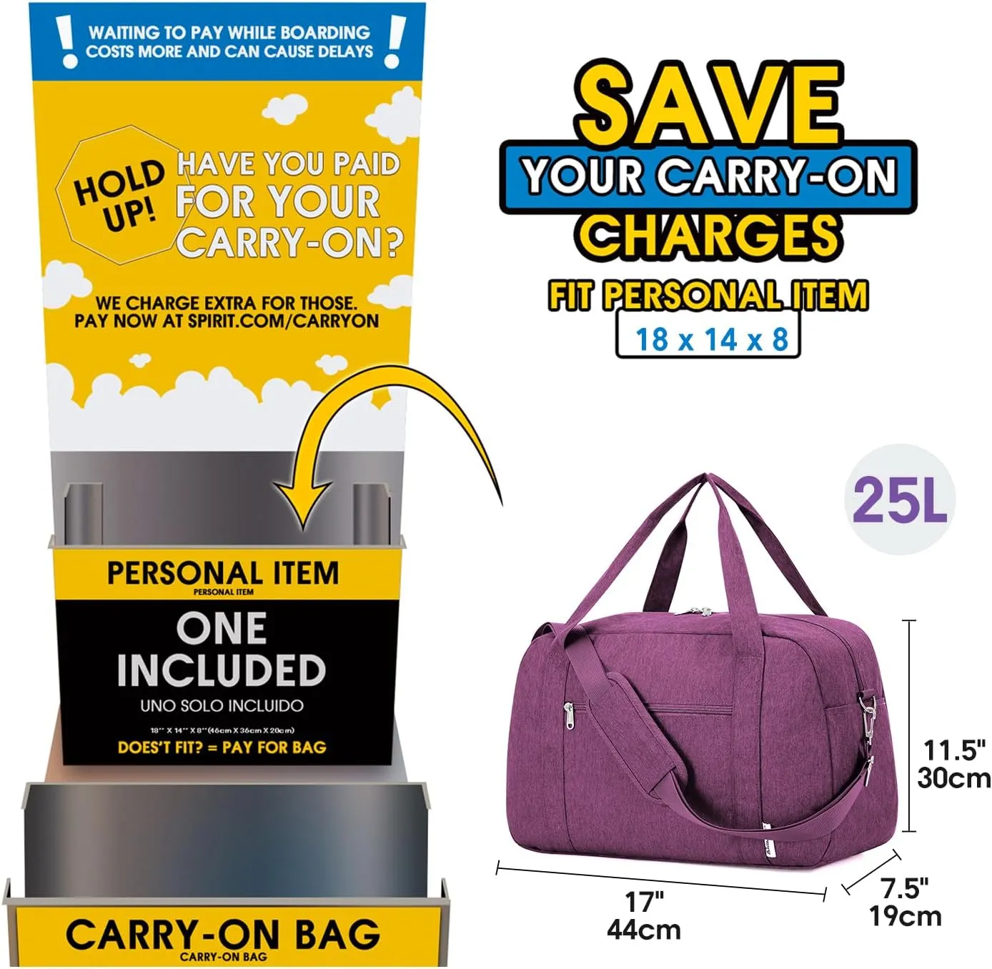 Narwey 18" Carry on Bag Underseat for Airplane with Wet Pocket Spirit Airlines Personal Item Bag Travel Duffel Bag Small Gym Bag Weekender Overnight for Women and Men (Dark Purple)