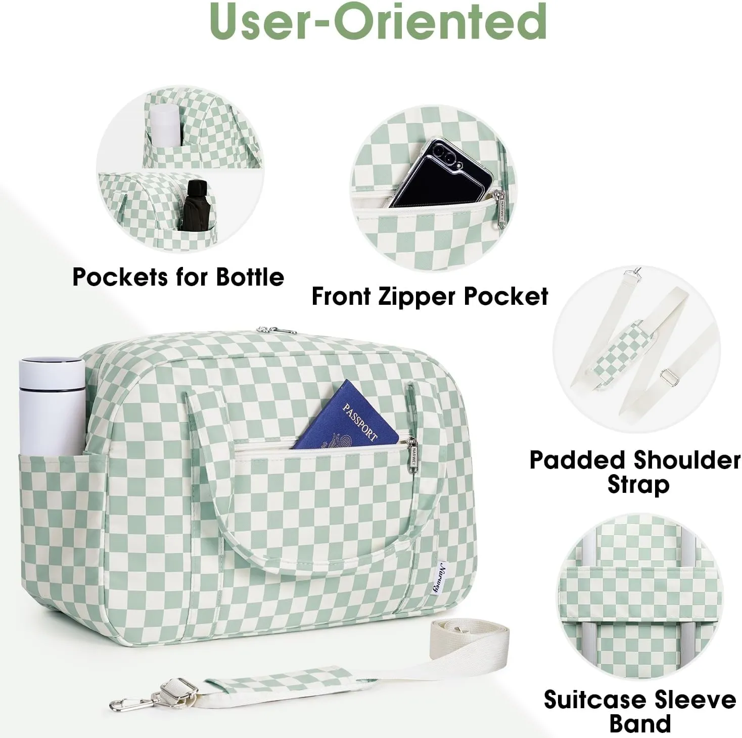 Narwey 18" Carry on Bag Underseat for Airplane with Wet Pocket Spirit Airlines Personal Item Bag Travel Duffel Bag Small Gym Bag Weekender Overnight for Women and Men (Mint Green Checkerboard)